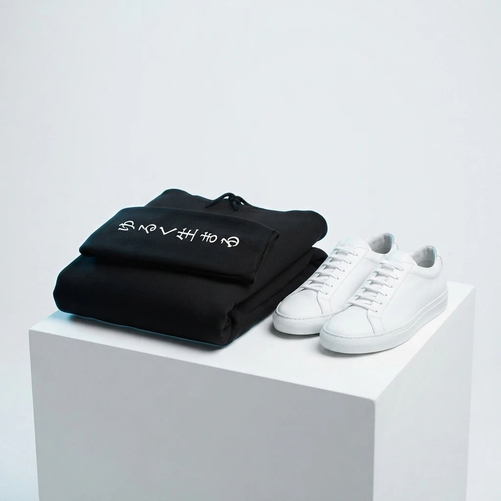 Hoodie — Minimal Script Logo Black Hoodie with White Sleeve Kanji